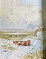KARL NEUMANN (1891-1985) ORIGINAL OIL PAINTING SEASCAPE LIGHTHOUSE DINGHY OOAK