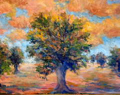 Oil Painting Landscape Grove of Trees Orange Clouds Fields Framed by Donalee