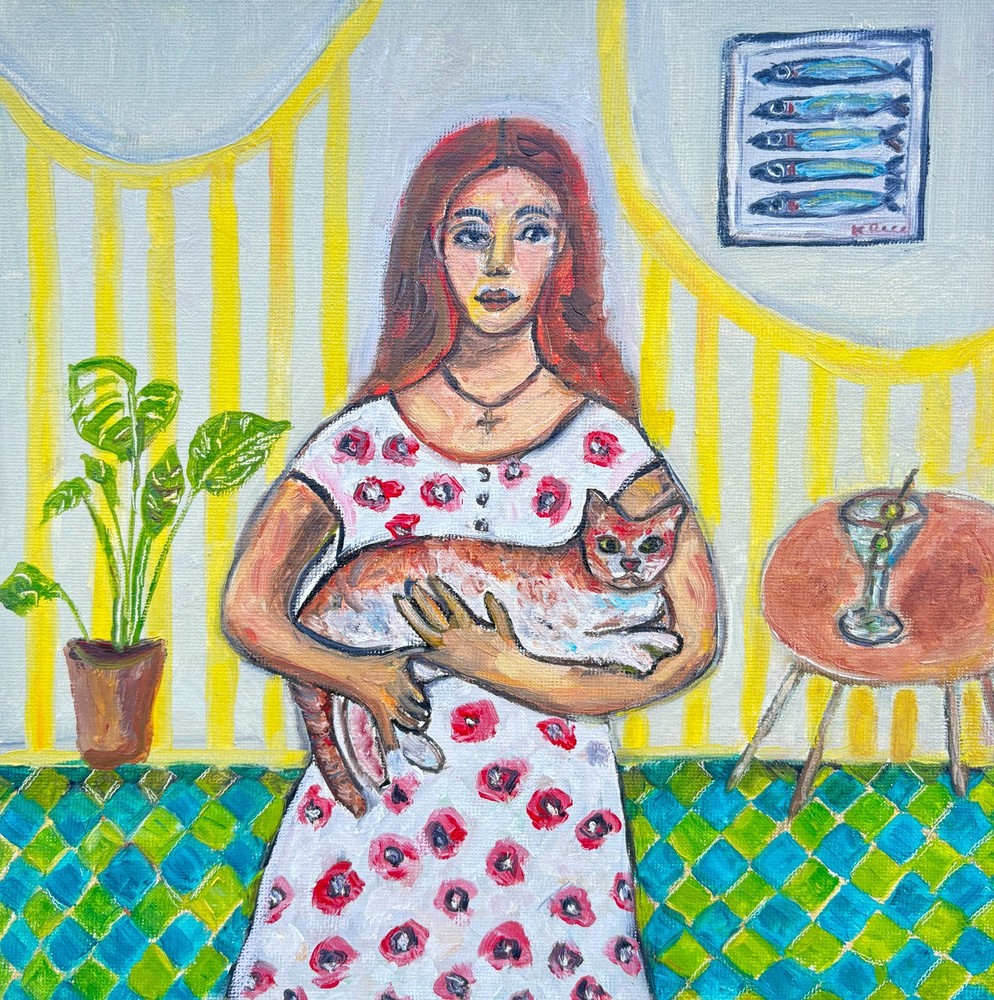ORIGINAL Oil Painting Woman with Cat Interior Home Scene Domestic Martini Fish