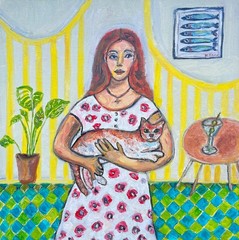 ORIGINAL Oil Painting Woman with Cat Interior Home Scene Domestic Martini Fish
