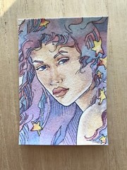 Original Artwork ACEO Fantasy Miniature Art – Face with Stars- Watercolor & Ink