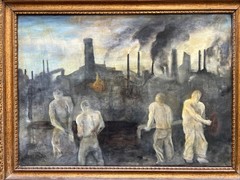 Rare 1936 Antique Ashcan Surrealist Social Realist Painting; Factory Workers
