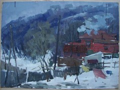 Ukrainian Soviet two Oil Paintings impressionism landscape house rider winter