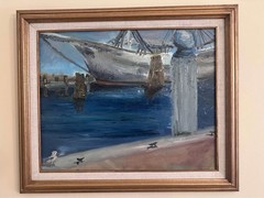 Vintage Original Oil Painting – Harbor Scene w/ Tall Boat Ship and Seagull Frame