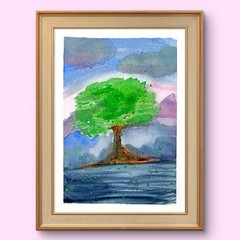 A Lone Tree Colorful Abstract Impressionist Original Watercolor 5×7 Signed