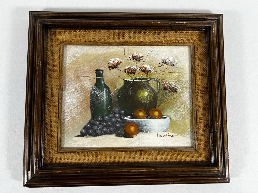Vtg Original Still Life Oil Painting Fruit Wine Flowers Vase Signed Cottage Core