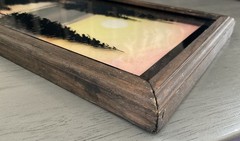 VTG Reverse Glass Painting Pine Trees at Sunset Mountain Scene Wood Frame Glass