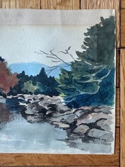 Vintage 1950s Watercolor Painting Nature Waterfall Trees Landscape 1950s 7 x 5