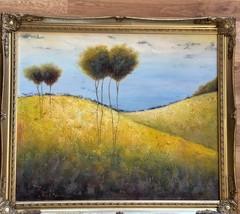 YELLOW FIELD WITH TREES OIL ON CANVAS FRAMED 23″ X 27″