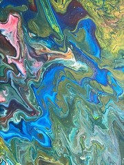 Modern Acrylic Marbleized Freeform Green Blue White Yellow Pink Canvas 8”W 10”T