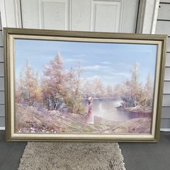 VTG Original Signed FRAMED OILPAINTING ONCANVAS GIRL BY THE LAKE LANDSCAP 29X41”