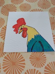 3×3 ORIGINAL PAINTING ROOSTER FOLK ART WHIMSICAL STORYBOOK CUTE CHICKEN GAT