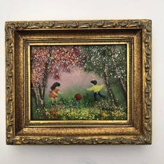 Enamel on Copper Children w/Ball Framed Art Signed by Louis Cardin 4″ X 5″