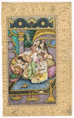 Mughal Harem Art Indian Painting A Mughal King With Women Love 8.25×13.5 Inches