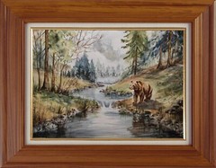 BEAR GRIZZLY Animal WILDLIFE Foggy FOREST Original Art Painting Landscape GiftA4