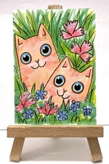 Orange Kittens Cats Original ACEO Mixed Media Painting Illustration amylenore