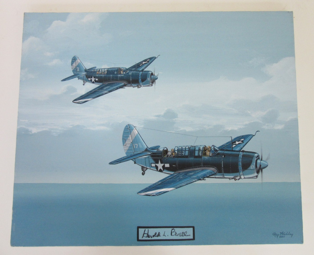 Raymond Waddey Painting WWII Curtis SB2C Helldivers Signed Harold Buell 20″x24″