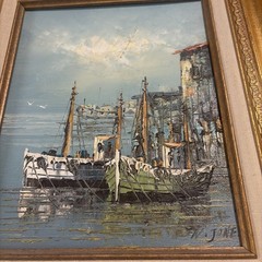 Signed W. Jones Coastal Harbor Oil Painting Nautical Boat Scene Framed Wall Art