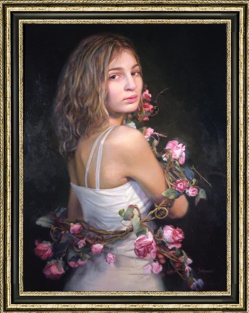 Beautiful Blonde Girl with Pink Roses Oil Painting Modern Figure Canvas
