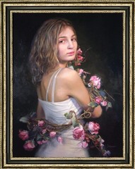 Beautiful Blonde Girl with Pink Roses Oil Painting Modern Figure Canvas