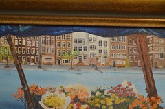 Vintage Art Painting Bicycle Pedal Flower Cart Town Square City Village Framed