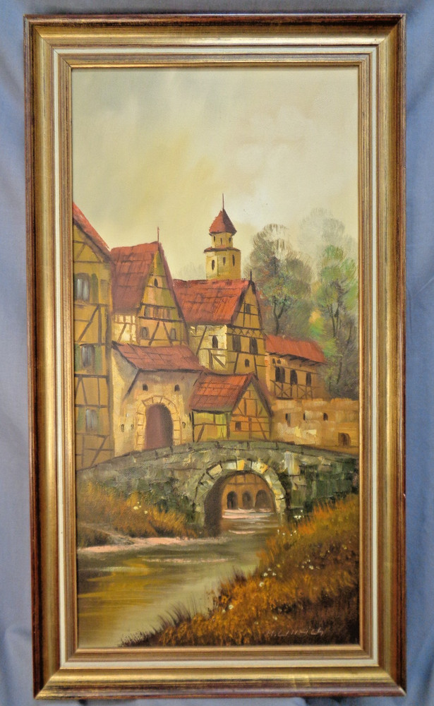 H. Ulrich German Oil Painting Framed Alpine Village Landscape Signed 26″x14″