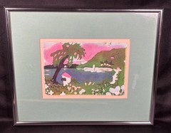 VTG Doreen E. Walsh American Batik Artist watercolors on silk canvas Seaside