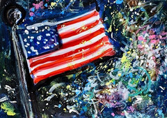 ACEO Original Painting FIREWORKS Summer Night American Flag July 4 USA ATC ART