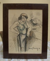 Interior of a Tavern. Barmaid and patron. Signed and dated 1938.