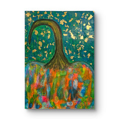 Original Abstract Pumpkin Painting Autumn Wall Art Acrylic Gold Leaf OOAK