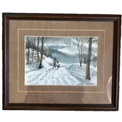 T. Graham Original Watercolor Painting Winter Landscape Duck Hunter w/ Dog 1982