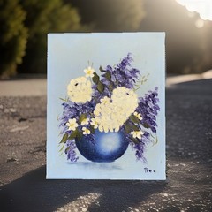 Vntg 1950’s Floral Hydrangea Painting Original Floral Still Life Vase 8” X 10”