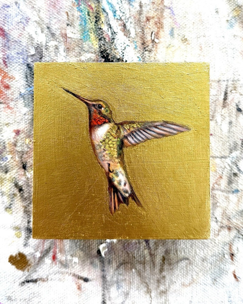 Original Hummingbird Realism Oil Painting on Gold Foil Nature Art