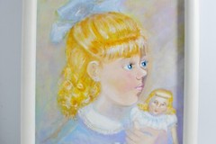 Girl Holding a Doll Original Acrylic on Board Nursery Art- by Leean White Frame