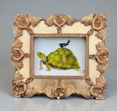 Turtle & Fairy Wren watercolor print of original painting in mini ornate frame