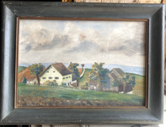Oil Painting Houses At Sea Coast Monogram Antique Frame Nature Landscape Acre