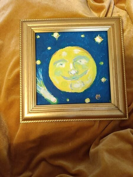Miniature 5.5 inch oil painting Full Moon and Comet in Gold Frame signed