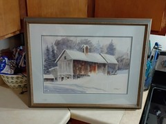 Painting of barn covered snow fine art watercolor landscape painting (original)