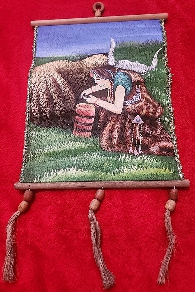 Painting on Leather Indian Woman W/Buffalo Mountains Handmade 12” Tapestry Wall