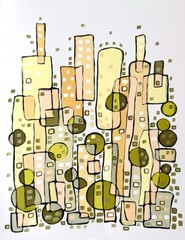 Abstract Summer City Art original gouache painting modern signed