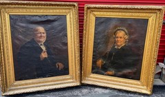 Original Antique Old American Portrait Oil Painting Man Woman Early Americana