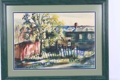 Vintage Watercolor Landscape Painting By Gwendolyn Evans Framed In Green Wood