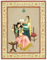 Indian Miniature Painting Of Rajput Queen Is Brushing Her Hair 10.5×13.5 Inches