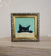 ORIGINAL Oil Painting Black cat Animals Pet Contemporary Wall art Miniature