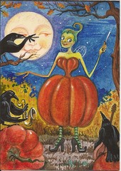 ACEO PRINT OF PAINTING HALLOWEEN RYTA RAVEN CROW FOLK ART WITCH pumpkin patch 🙂