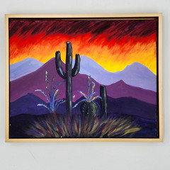 Original Arizona Desert Sunset Painting 16×20 Framed Saguaro Cactus Southwest
