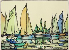 Orig John Dary Aiken Sailboats Painting Watercolor Ink Gouache on Paper 10 x 14