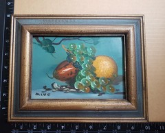 Framed Still Life Grapes Orange Fruit Small Oil Painting by Olive 7.75×10