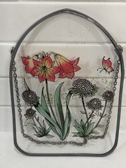 Flowers on glass lead Frame – 5 1/2x 8 Vintage-Red/Brown/Green