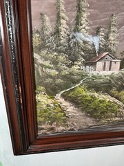 R Boren Oil Painting Landscape Mountain View Cabin River Waterfall Side Framed